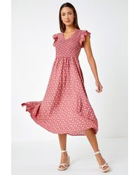 Roman - Frill Sleeve Spot Shirred Midi Dress - Lyst