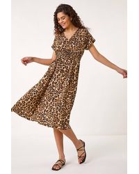 Roman - Animal Print Shirred Midi Dress - Lyst