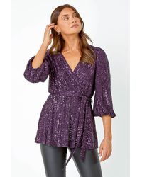 Roman - Embellished Sequin Stretch Wrap Top - Lyst