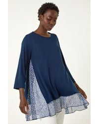 Roman - Animal Print Contrast Mesh Hem Stretch Top - Lyst