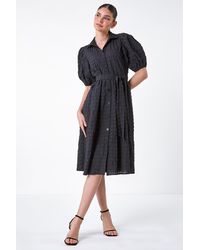 Roman - Textured Puff Sleeve Midi Shirt Dress - Lyst