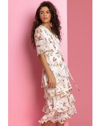 Roman - Floral Chiffon Frill Tiered Wrap Midi Dress - Lyst
