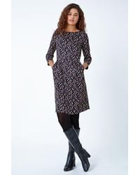 Roman - Leaf Print Pleat Detail Shift Dress - Lyst