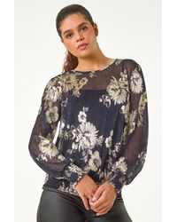 Roman - Foil Floral Print Plisse Shirred Top - Lyst