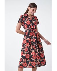 Roman - Floral Linen Look Belted Shirt Dress - Lyst