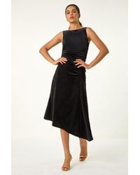 Roman - Velvet Side Ruched Stretch Midi Dress - Lyst