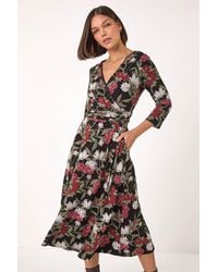 Roman - Floral Print Wrap Front Midi Dress - Lyst