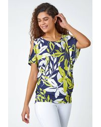 Roman - Leaf Print Ruched Cold Shoulder Top - Lyst