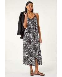 Roman - Abstract Gathered Strappy Midi Dress - Lyst