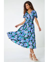 Roman - Floral Print Angel Sleeve Midi Dress - Lyst