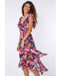 Roman - Floral Shirred Waist Chiffon Ruffle Midi Dress - Lyst