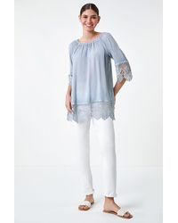 Roman - Lace Trim Textured Bardot Tunic Top - Lyst