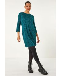 Roman - Leaf Print Zip Pocket Detail Dress - Lyst