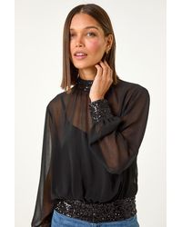 Roman - Sequin Chiffon High-Neck Top - Lyst