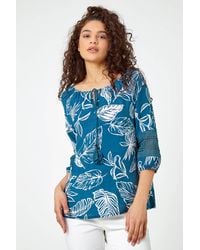 Roman - Palm Print Tassel Detail Bardot Top - Lyst