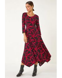 Roman - Leaf Print Hanky Hem Stretch Midi Dress - Lyst