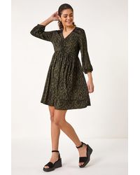 Roman - Abstract Print Lace Trim Stretch Dress - Lyst