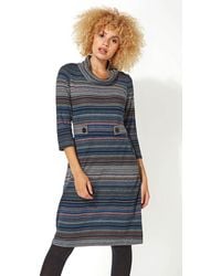 Roman - Stripe Cowl Neck Button Detail Casual Knitted Dress - Lyst