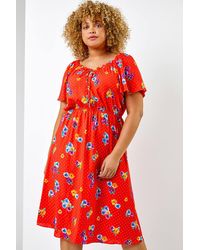Roman Curve - Spot Floral Print Sweetheart Midi Dress - Lyst