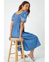 Roman - Cotton Embroidered Midi Dress - Lyst