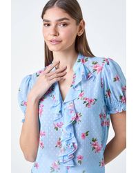 Roman - Textured Spot Floral Print V-Neck Frill Top - Lyst