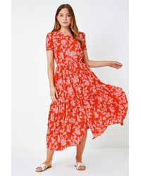 Roman - Floral Animal Print Tiered Midi Dress - Lyst