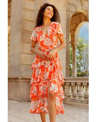 Roman - Floral Chiffon Tiered Asymmetric Midi Dress - Lyst