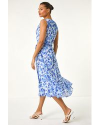 Roman - Floral Print Pleat Neck Midi Dress - Lyst