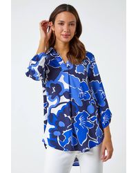 Roman - Floral Print V-Neck Pleat Front Top - Lyst