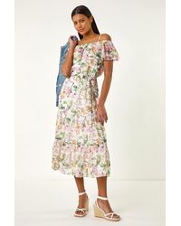 Roman - Floral Print Bardot Midi Dress - Lyst