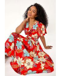 Roman Petite - Floral Print Shirred Midi Dress - Lyst