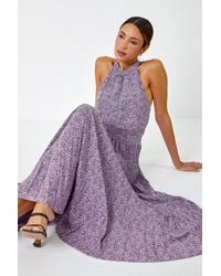 Roman - Animal Print Halter Neck Chiffon Maxi Dress - Lyst