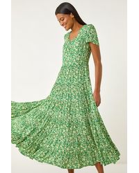 Roman - Floral Print Ruched Sleeve Midi Dress - Lyst