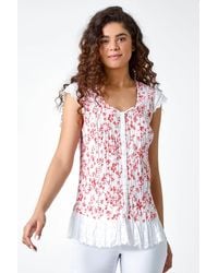 Roman - Ditsy Lace Trim V-Neck Cotton Blouse - Lyst