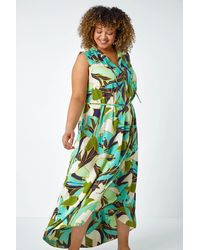 Roman Curve - Leaf Print Tie Neck Midi Dress - Lyst