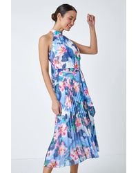 Roman - Floral Print Pleated Chiffon Midi Dress - Lyst