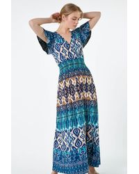 Roman - Aztec Print Shirred Stretch Maxi Dress - Lyst