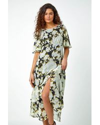 Roman - Floral Chiffon Tiered Asymmetric Midi Dress - Lyst