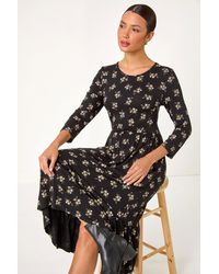 Roman - Floral Print Frill Hem Stretch Midi Dress - Lyst