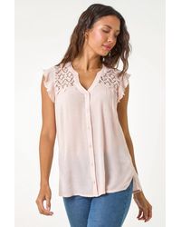 Roman - Sleeveless V-Neck Lace Detail Blouse - Lyst