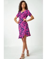 Roman - Floral Print V-Neck Frill Hem Casual Tea Midi Dress - Lyst