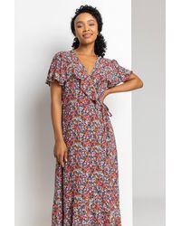 Roman Petite - Ditsy Floral Frill Wrap Midi Dress - Lyst