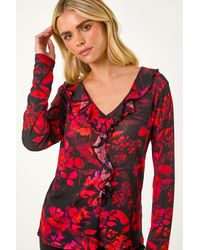 Roman Petite - Floral Print V-Neck Frill Front Top - Lyst