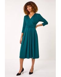 Roman - Mock Wrap V-Neck Stretch Midi Dress - Lyst