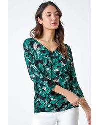 Roman - Floral Print V-Neck Blouson Stretch Top - Lyst