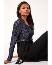 Roman - Sequin V-Neck Stretch Wrap Midi Dress - Lyst