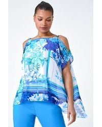 Roman - Floral Print Cold Shoulder Overlay Top - Lyst