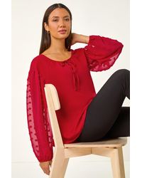 Roman - Dobby Sleeve Tie Neck Blouse - Lyst