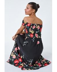 Roman - Floral Shirred Bardot Stretch Maxi Dress - Lyst