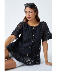 Roman - Sheer Lace Button Detail Bardot Top - Lyst